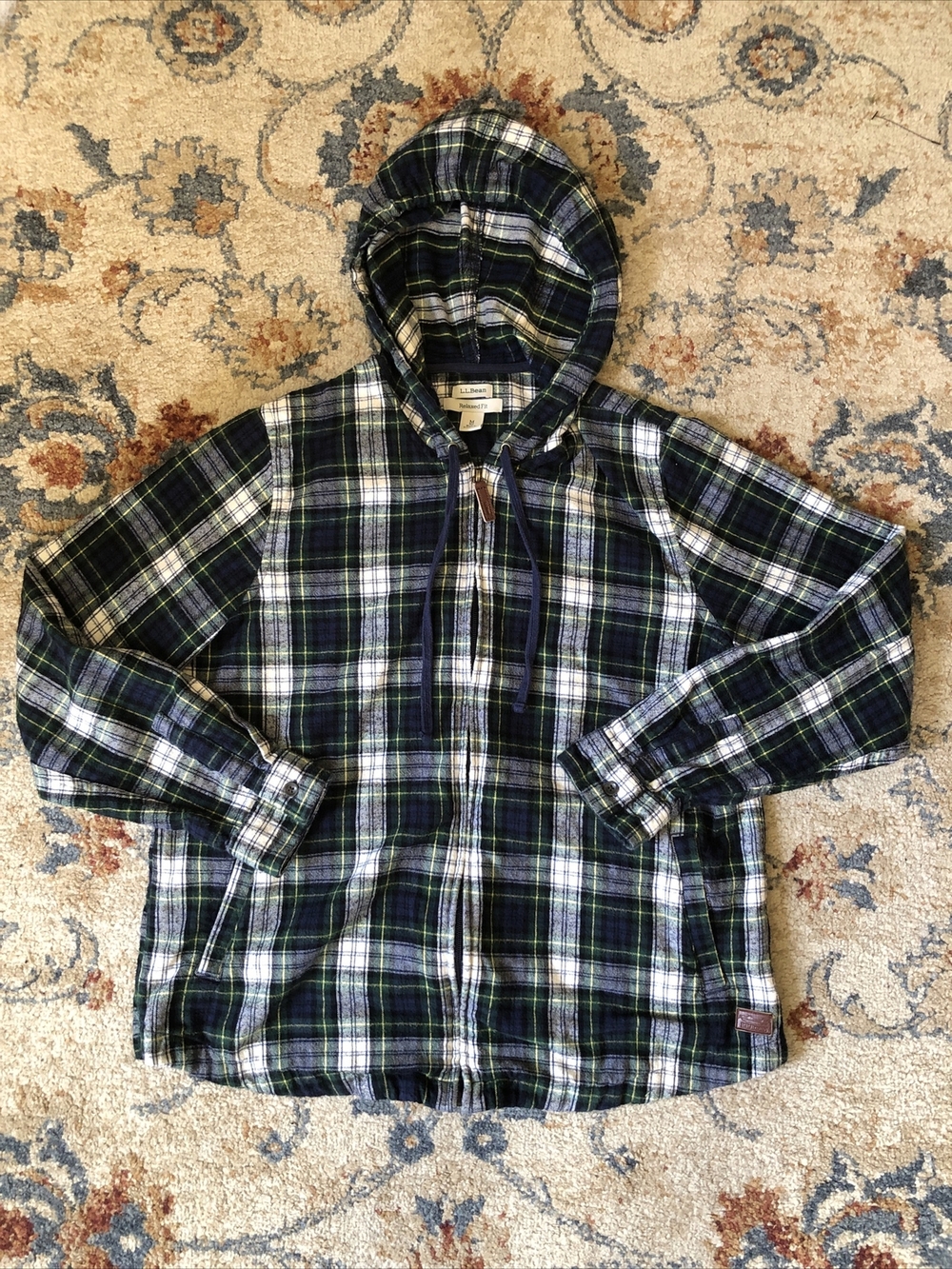 LL Bean Shirt Womens Small Green Scotch Plaid Flannel Relaxed Fit Zip Hoodie